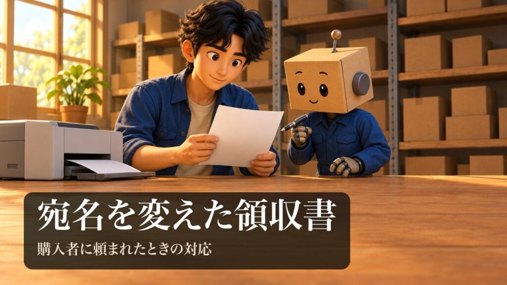「宛名を変えた領収書」の表紙。男性がプリンターから出てきた無地の紙を持っている。段ボール頭のロボがペンを持って紙を指さしている。
