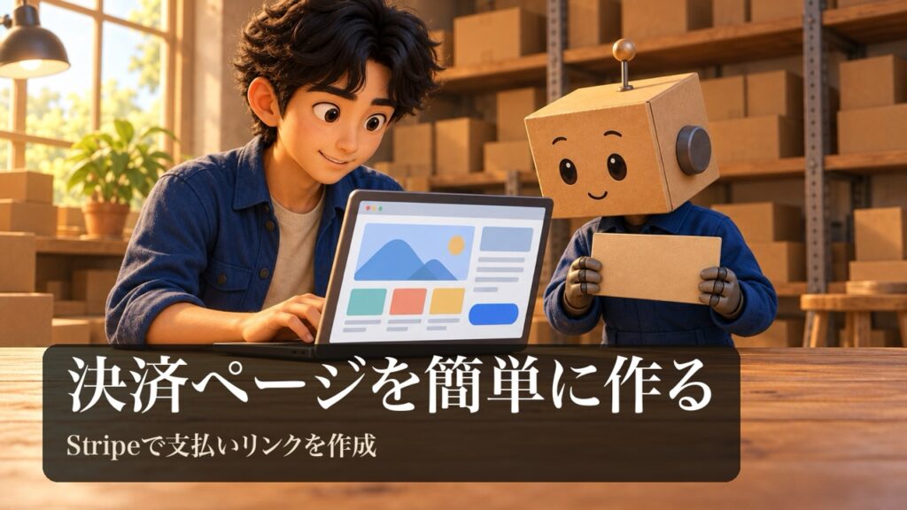 「決済ページを簡単に作る」の表紙。男性がノートパソコンで大きなボタンの図形があるページを作っている。段ボール頭のロボが無地のカードの形の板を持っている。