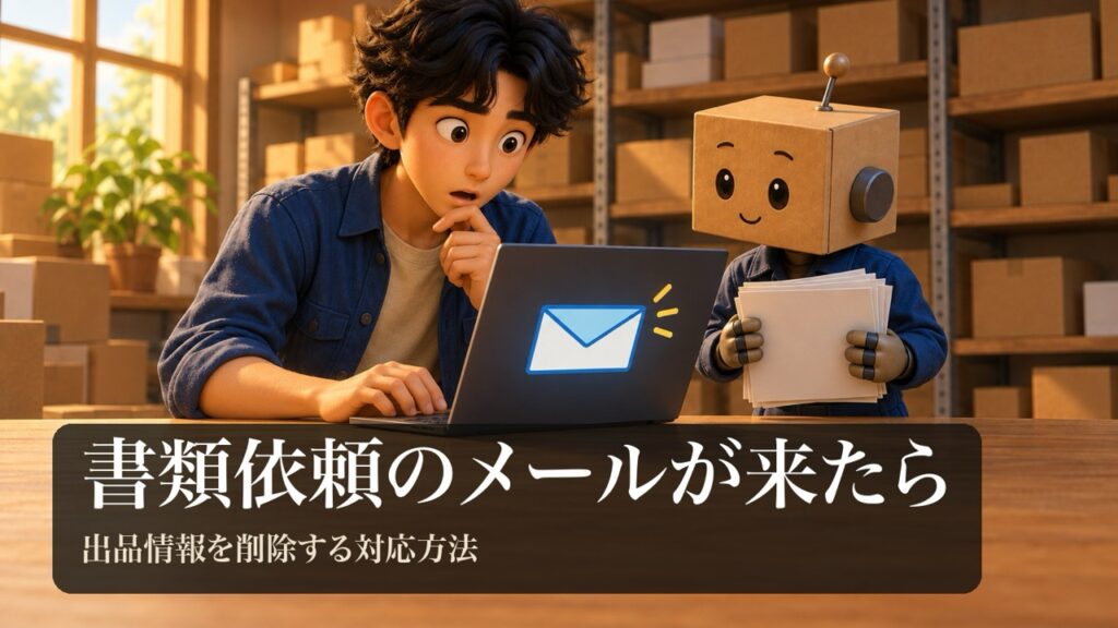 「書類依頼のメールが来たら」の表紙。男性がノートパソコンの封筒マークの画面を見て驚いている。段ボール頭のロボが書類の束を持っている。