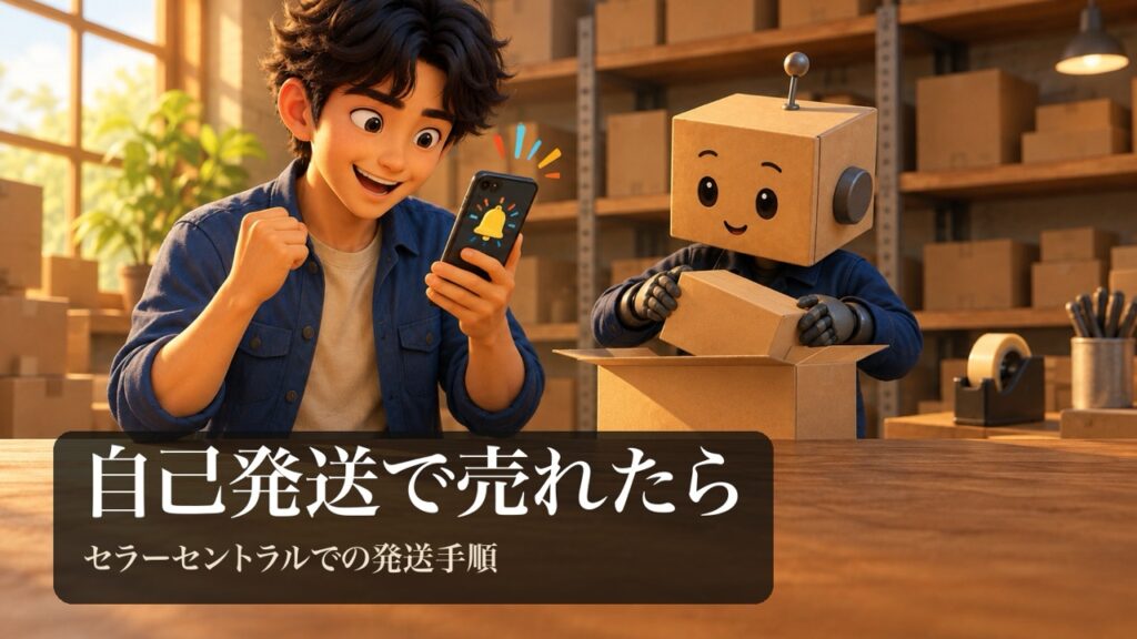 「自己発送で売れたら」の表紙。男性がスマホの通知を見て喜んでいる。段ボール頭のロボが無地の段ボール箱に商品を詰めている。