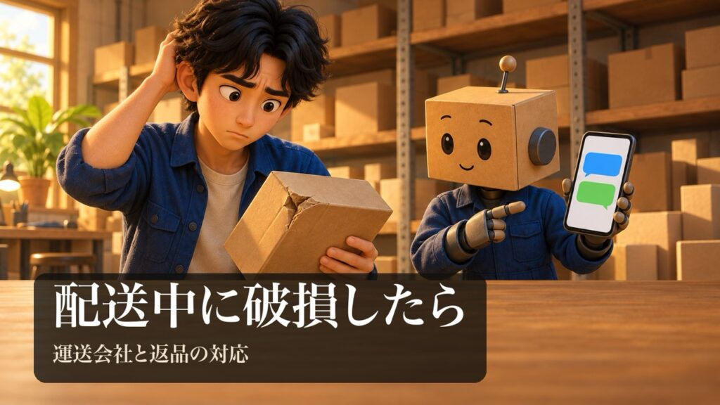 「配送中に破損したら」の表紙。男性が角がつぶれた無地の段ボール箱を持って困っている。段ボール頭のロボがスマホの吹き出しの図形の画面を見せている。