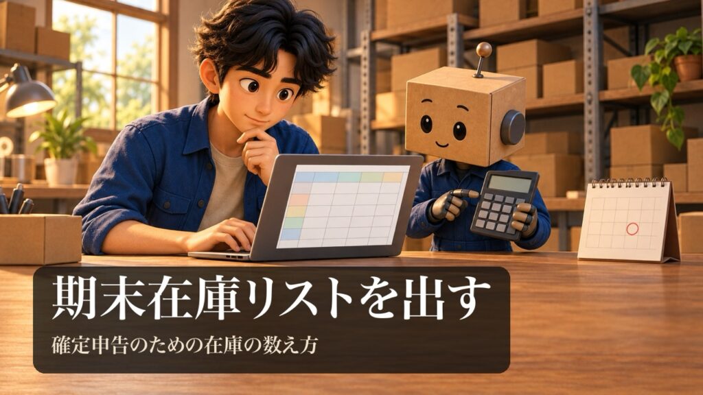 「期末在庫リストを出す」の表紙。男性がノートパソコンの在庫の表を見ている。横に卓上カレンダー。