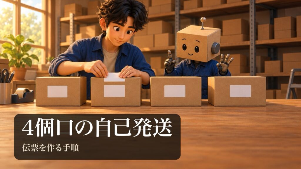 「4個口の自己発送」の表紙。男性が同じ大きさの無地の段ボール箱4つに、それぞれ白い伝票を貼っている。段ボール頭のロボが箱を指で数えている。