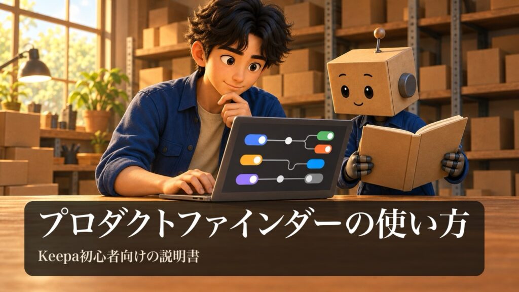 「プロダクトファインダーの使い方」の表紙。男性がノートパソコンで条件のスイッチの図形を並べている。段ボール頭のロボが分厚い本を持っている。