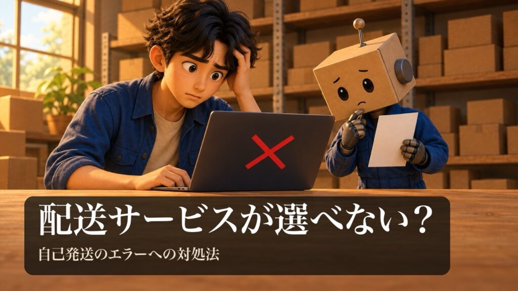 「配送サービスが選べない?」の表紙。男性がノートパソコンの赤い×マークの画面を見て困っている。段ボール頭のロボが無地の配送伝票を持って首をかしげている。