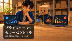 「プライスター vsセラーセントラル」の表紙。男性が机の左右に置いた2台のノートパソコンを見比べている。段ボール頭のロボが天秤を持っている。