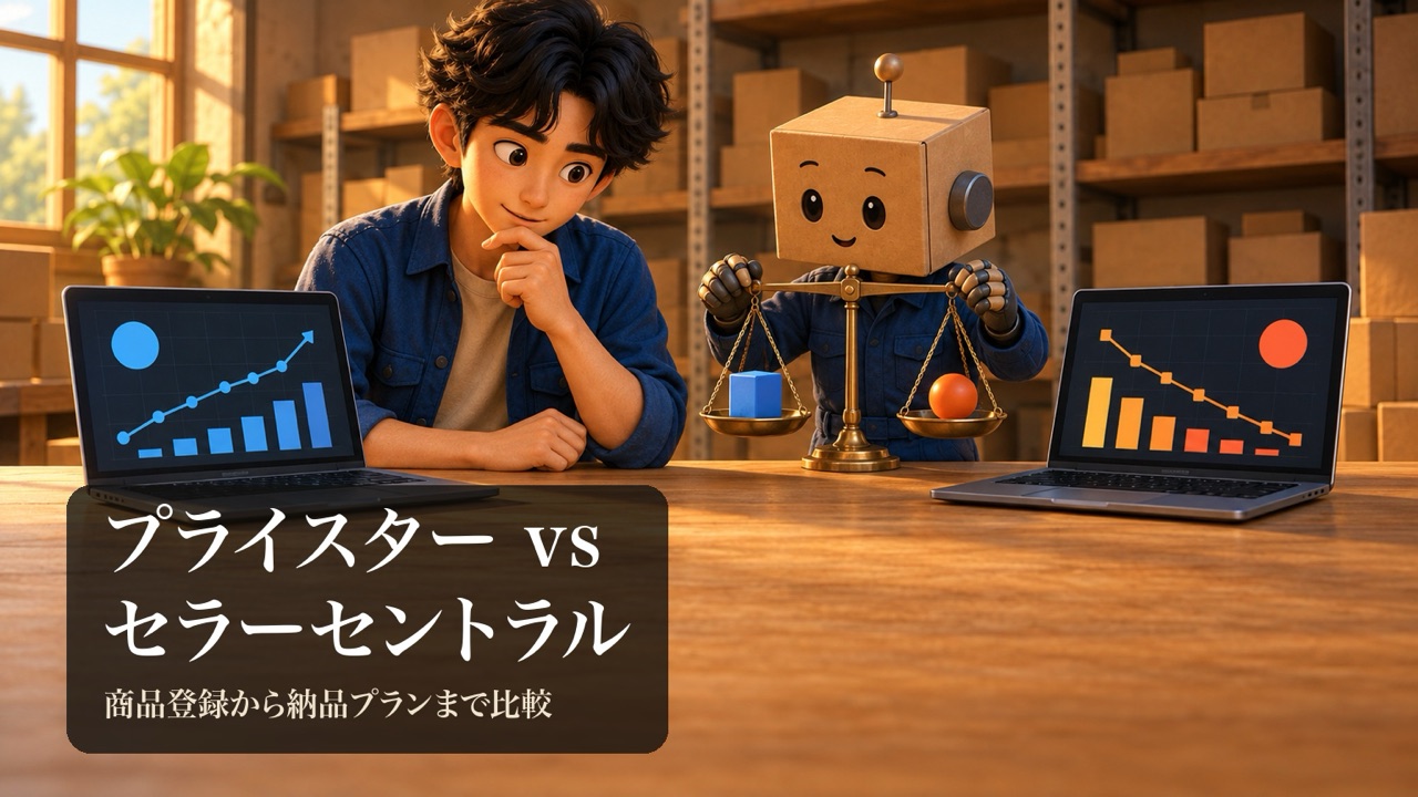 「プライスター vsセラーセントラル」の表紙。男性が机の左右に置いた2台のノートパソコンを見比べている。段ボール頭のロボが天秤を持っている。