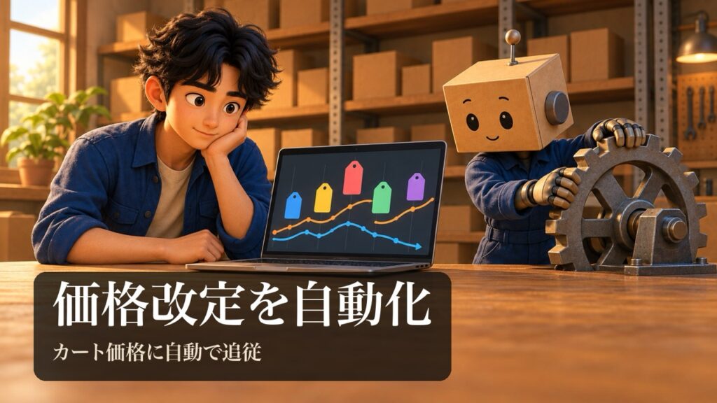 「価格改定を自動化」の表紙。男性がノートパソコンの画面で値札の図形が上下に動くのを見ている。段ボール頭のロボが大きな歯車を回している。