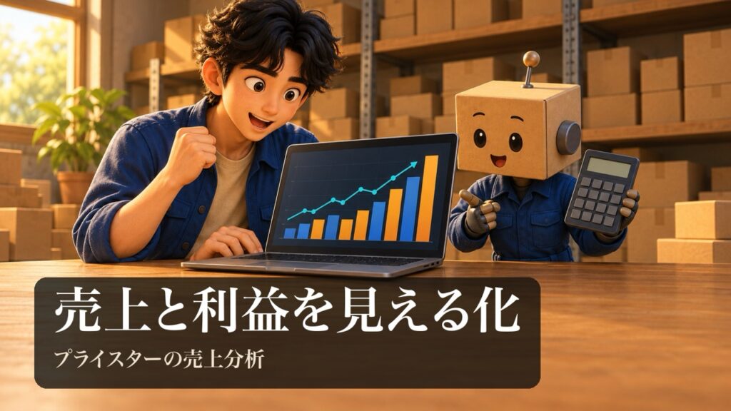 「売上と利益を見える化」の表紙。男性がノートパソコンの売上の棒グラフと折れ線グラフを見て感心している。段ボール頭のロボが電卓を持っている。
