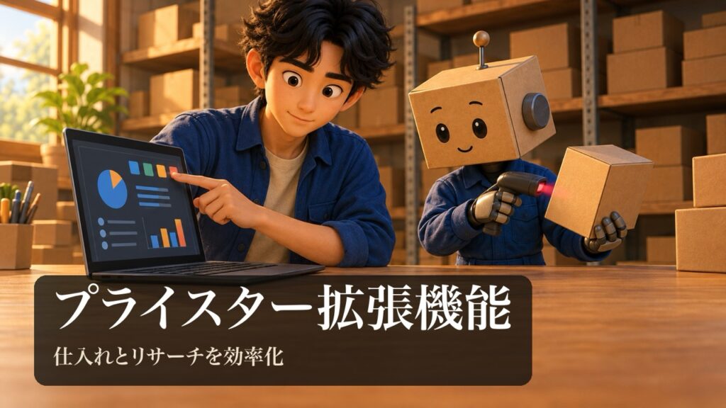 「プライスター拡張機能」の表紙。男性がノートパソコンの画面の上の小さな色の四角いボタンを押している。段ボール頭のロボが無地の商品の箱を持ってスキャンしている。