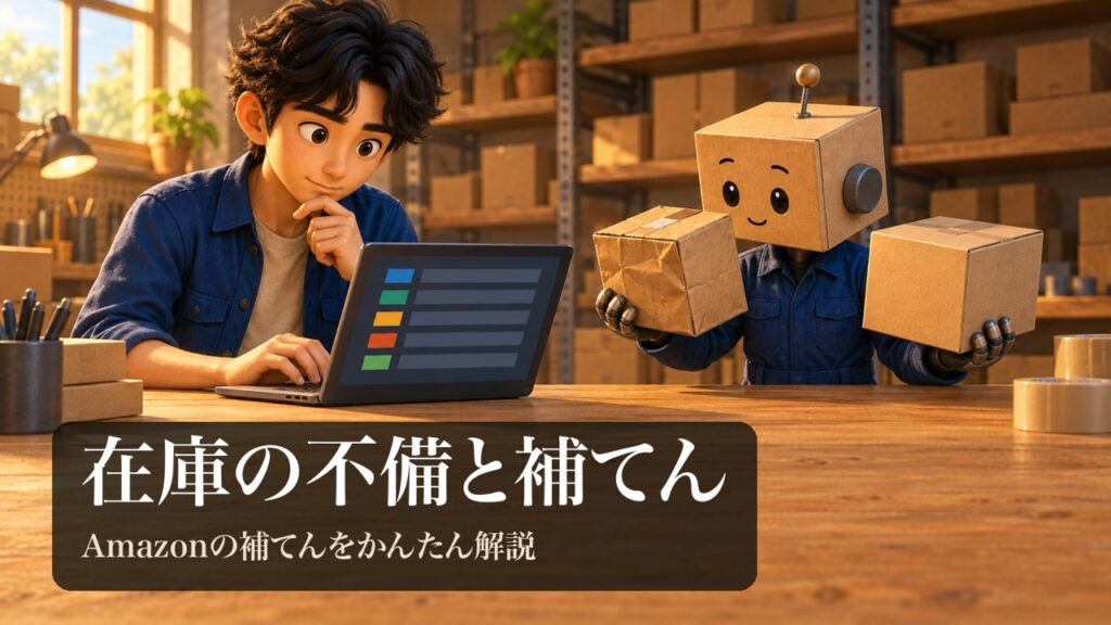 「在庫の不備と補てん」の表紙。男性がノートパソコンの在庫一覧を見ている。段ボール頭のロボが、へこんだ無地の箱と新しい箱を見比べている。