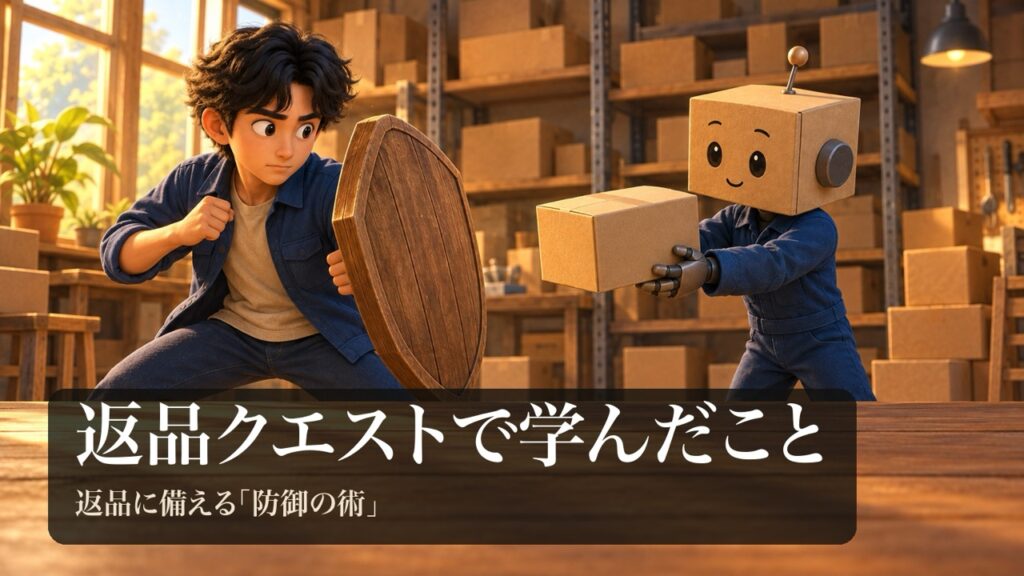 「返品クエストで学んだこと」の表紙。倉庫の中で、男性が大きな木の盾を持って身構え、段ボール頭のロボが返品された無地の箱を差し出している。
