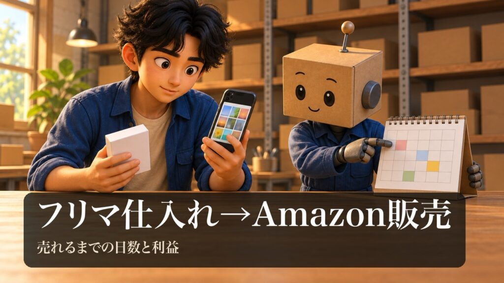 「フリマ仕入れ→Amazon販売」の表紙。男性がスマホの写真の四角が並ぶ画面を見ながら、仕入れた無地の商品を持っている。段ボール頭のロボが卓上カレンダーを指さしている。