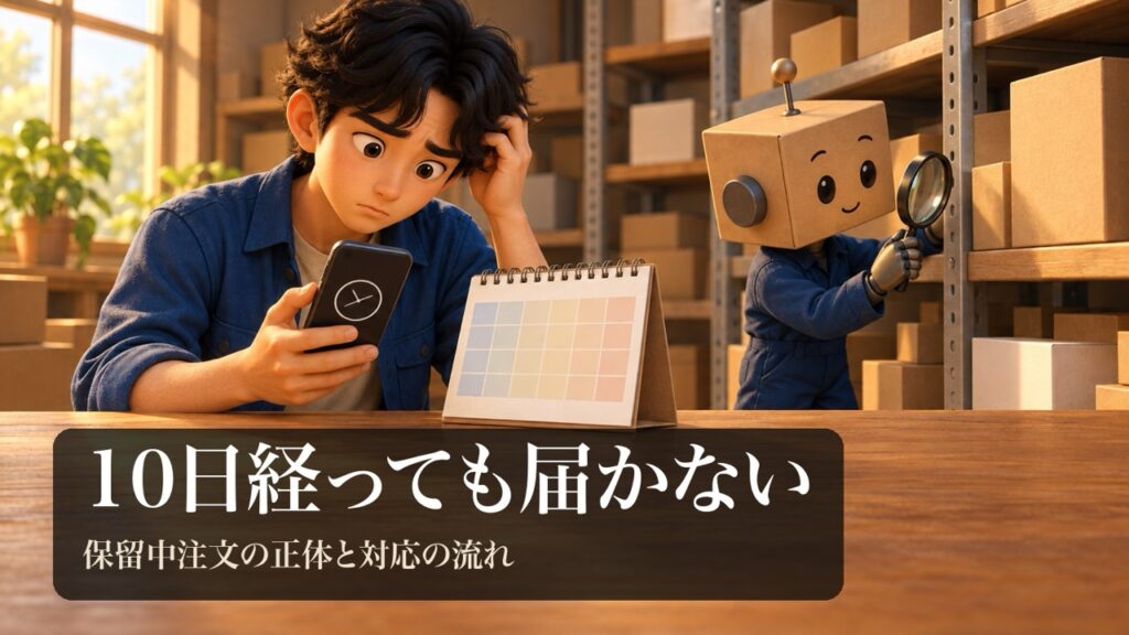 「10日経っても届かない」の表紙。男性がスマホの画面と卓上カレンダーを見比べて心配そうにしている。段ボール頭のロボが虫めがねで棚の箱を探している。