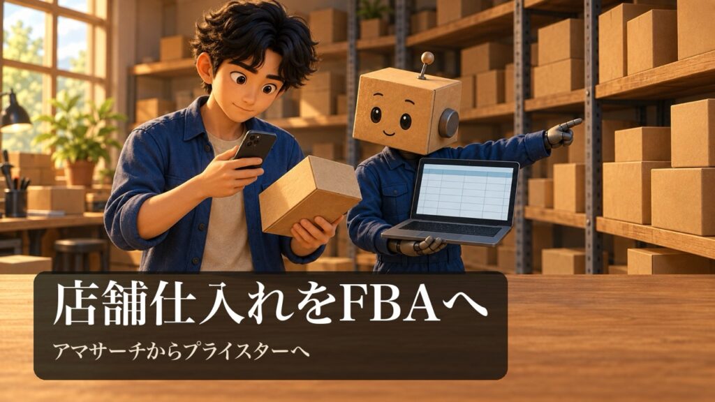 「店舗仕入れをFBAへ」の表紙。お店の中で男性がスマホで商品を読み取り、段ボール頭のロボがノートパソコンの表を持って、奥の無地の段ボール箱を指さしている。