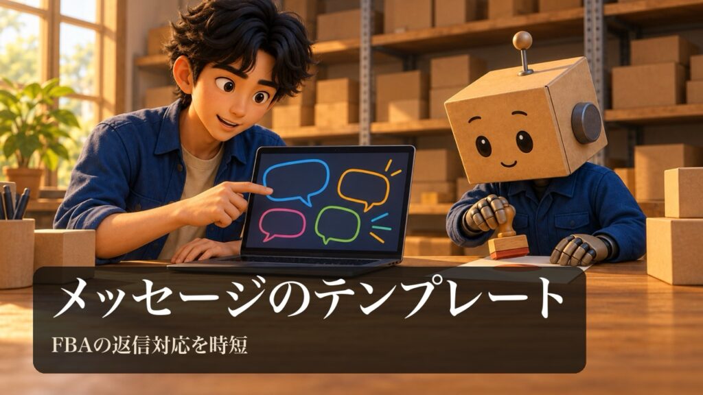 「メッセージのテンプレート」の表紙。男性がノートパソコンで吹き出しの図形をいくつも並べている。段ボール頭のロボがスタンプを押している。