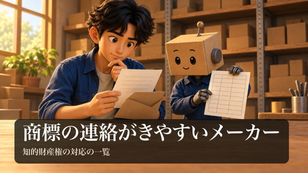 「商標の連絡がきやすいメーカー」の表紙。男性が封筒から出した手紙を読んで考えている。段ボール頭のロボが一覧表を見せている。