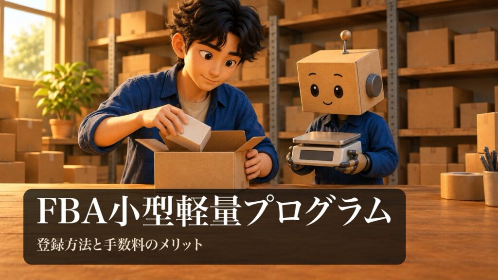 「FBA小型軽量プログラム」の表紙。男性が小さくて軽い商品を小さな無地の箱に入れている。段ボール頭のロボが小さなはかりを持っている。