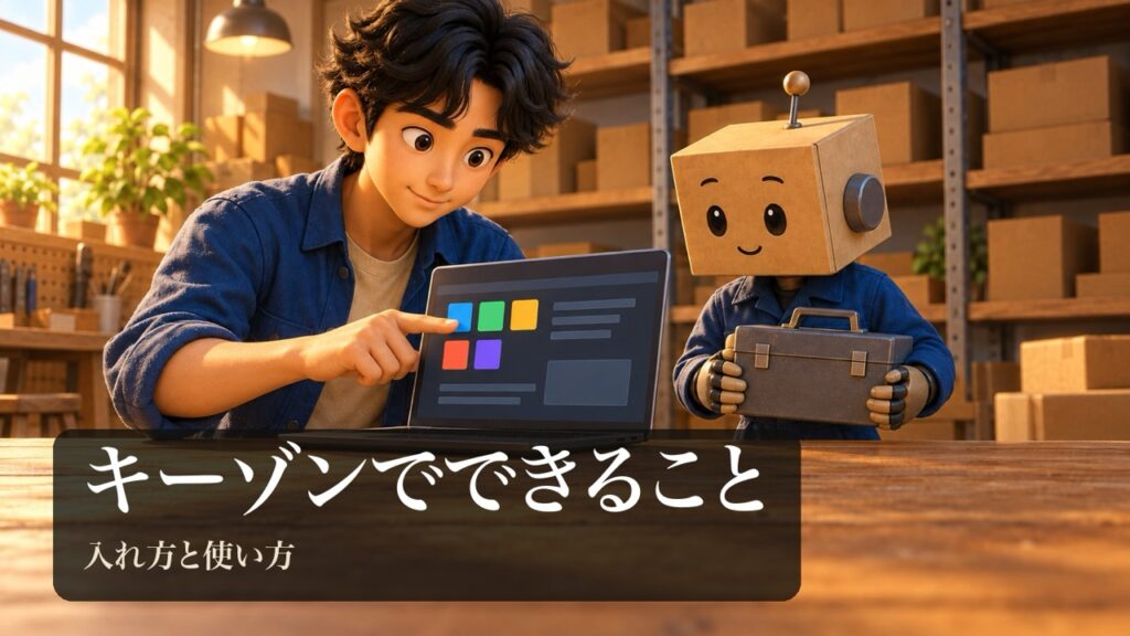 「キーゾンでできること」の表紙。男性がノートパソコンに小さな色の四角いボタンを追加している。段ボール頭のロボが道具箱を持っている。