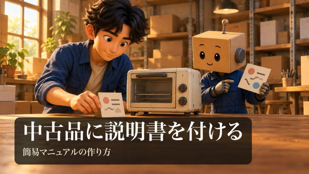 「中古品に説明書を付ける」の表紙。男性が中古の家電に、手作りの小さな説明書を添えている。段ボール頭のロボが模様の入った四角いカードを持っている。