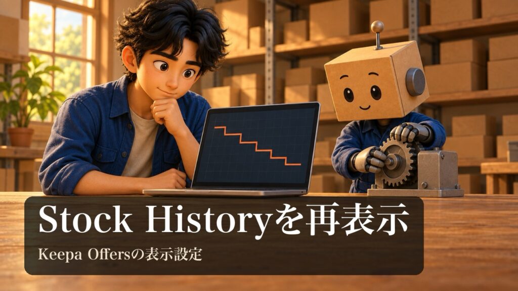 「Stock Historyを再表示」の表紙。男性がノートパソコンの段々に下がる折れ線グラフを見てうなずいている。段ボール頭のロボが設定の歯車を回している。