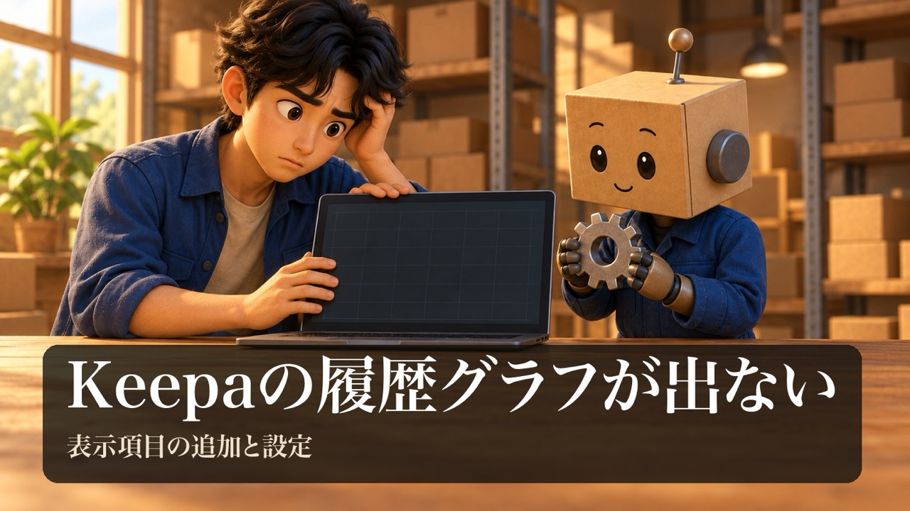「Keepaの履歴グラフが出ない」の表紙。男性がノートパソコンのグラフの上に手を置いて、何も表示されない画面に困っている。段ボール頭のロボが設定の歯車を持っている。