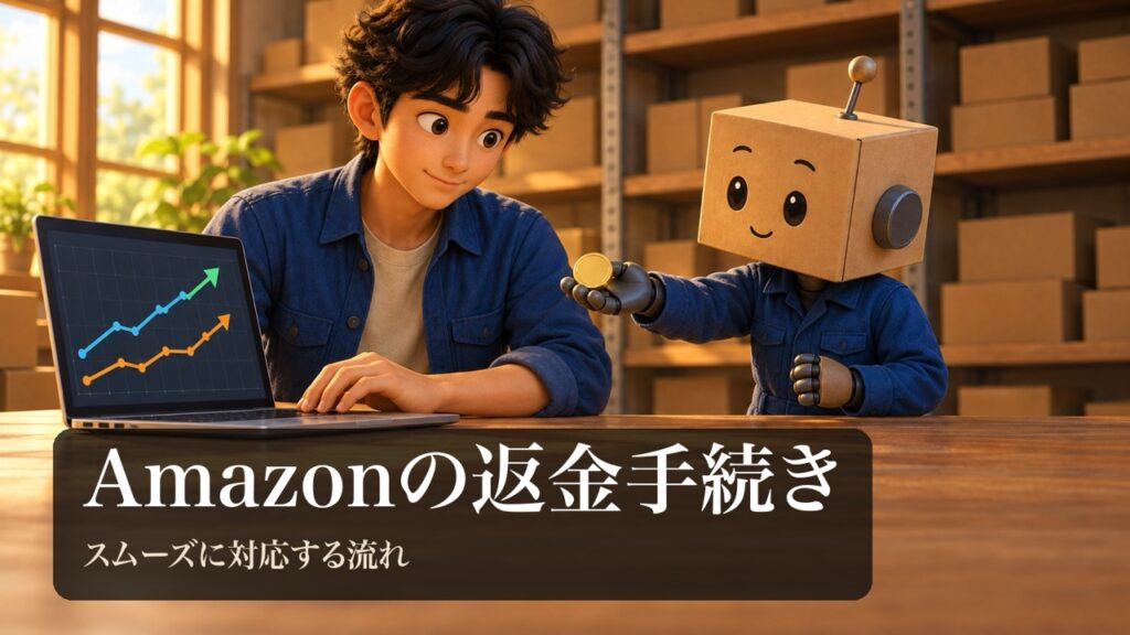 「Amazonの返金手続き」の表紙。男性がノートパソコンの矢印の図形の画面を操作している。段ボール頭のロボがコインを差し出して返す仕草をしている。