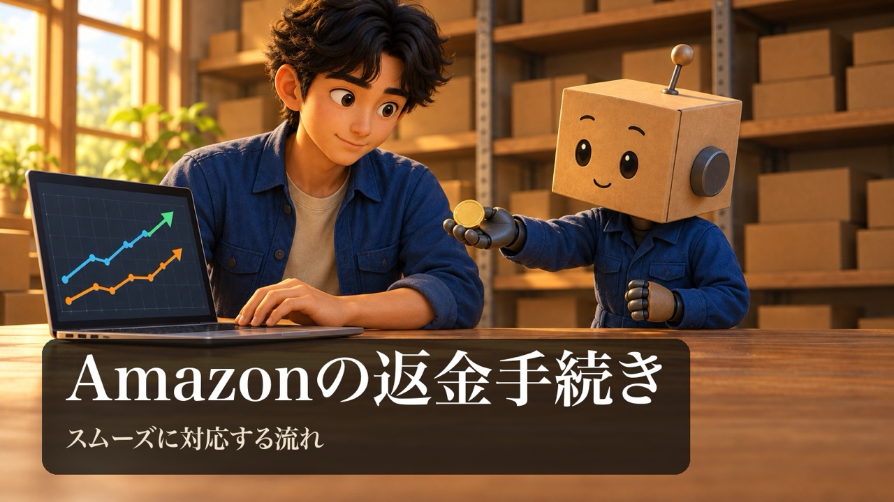 「Amazonの返金手続き」の表紙。男性がノートパソコンの矢印の図形の画面を操作している。段ボール頭のロボがコインを差し出して返す仕草をしている。
