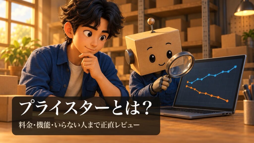 価格のグラフを見て考える男性と、虫めがねで画面をのぞく段ボール頭のロボ