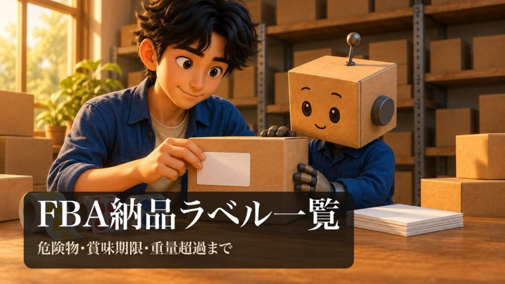 無地の段ボール箱に白いラベルを貼る男性と段ボール頭のロボ。机に色つきのシールとラベルシート