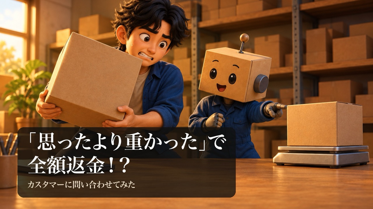 見た目より重い段ボール箱を持ち上げて驚く男性と、はかりの上の箱を指さす段ボール頭のロボ