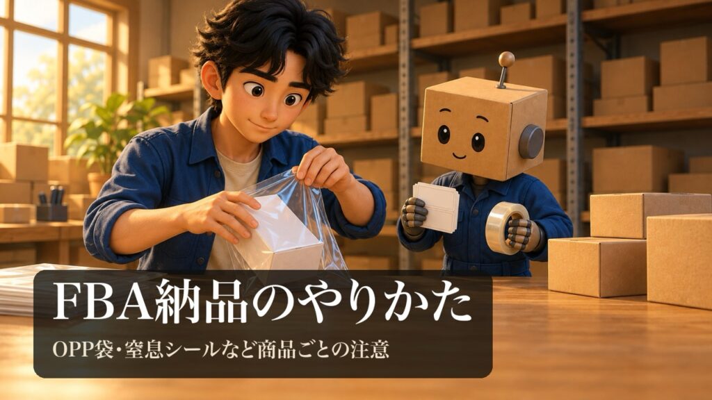 商品を透明な袋に入れる男性と、シールとテープを持って手伝う段ボール頭のロボ