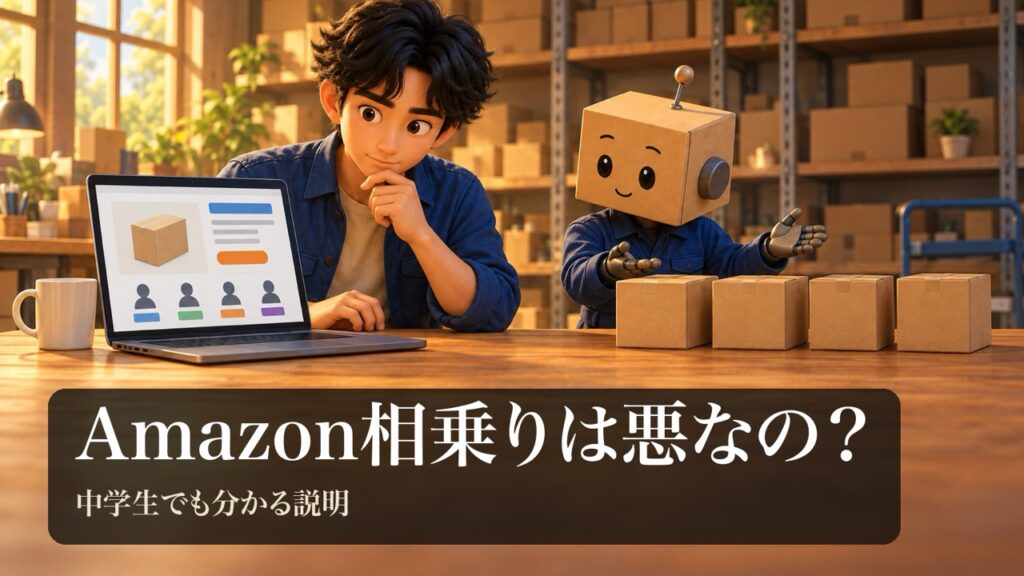 1つの商品ページに出品者が並ぶ画面を見て考える男性と、同じ箱を並べる段ボール頭のロボ