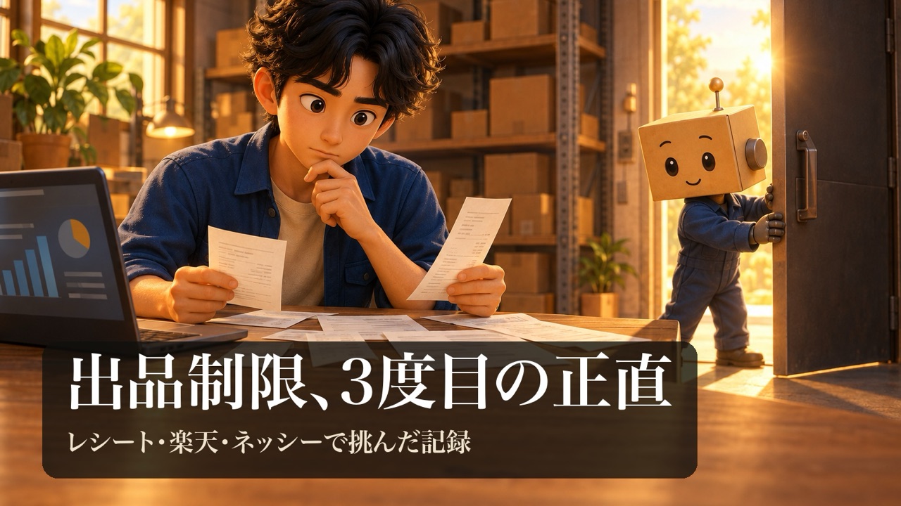 机に並べたレシートを見比べる男性と、光が差す扉を押し開ける段ボール頭のロボ