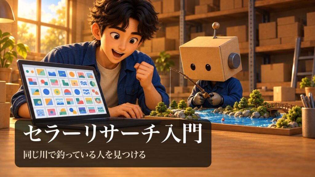 一覧の画面を見てひらめく男性と、机の上の小さな川の模型で釣りをする段ボール頭のロボ