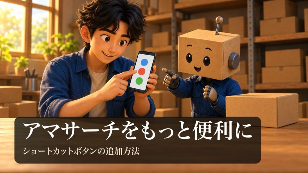 スマホの3つの丸いボタンをタップする男性と、指さす段ボール頭のロボ