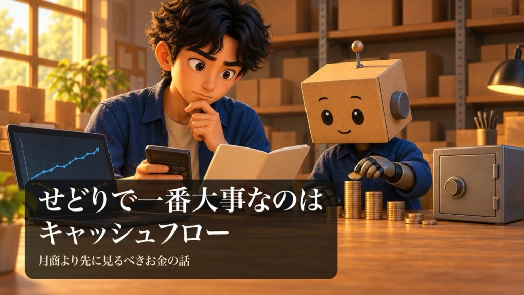電卓と通帳を見比べる男性と、金庫の前で硬貨を積み上げる段ボール頭のロボ