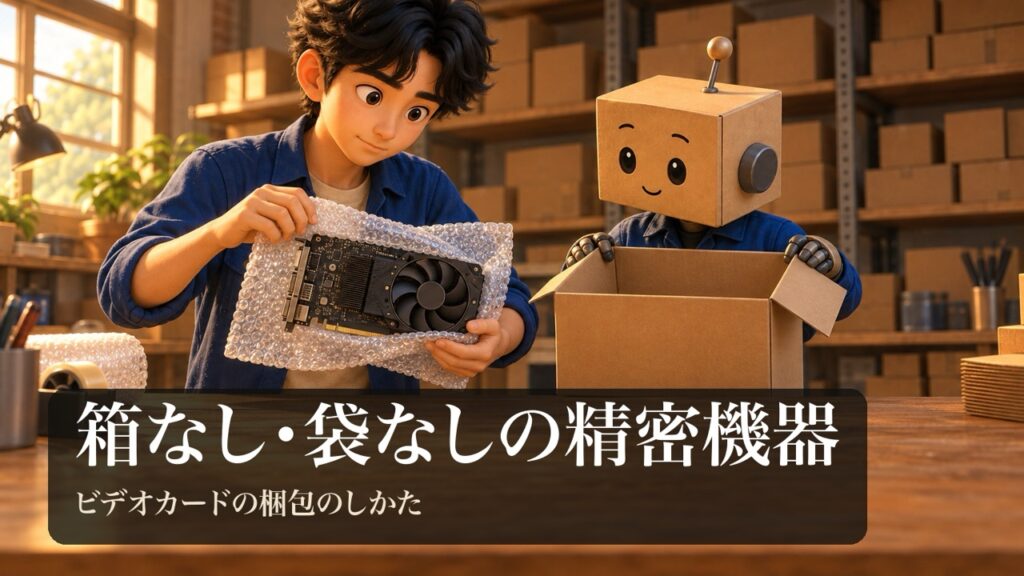 黒い部品をエアクッションで包む男性と、段ボール箱を開けて待つ段ボール頭のロボ