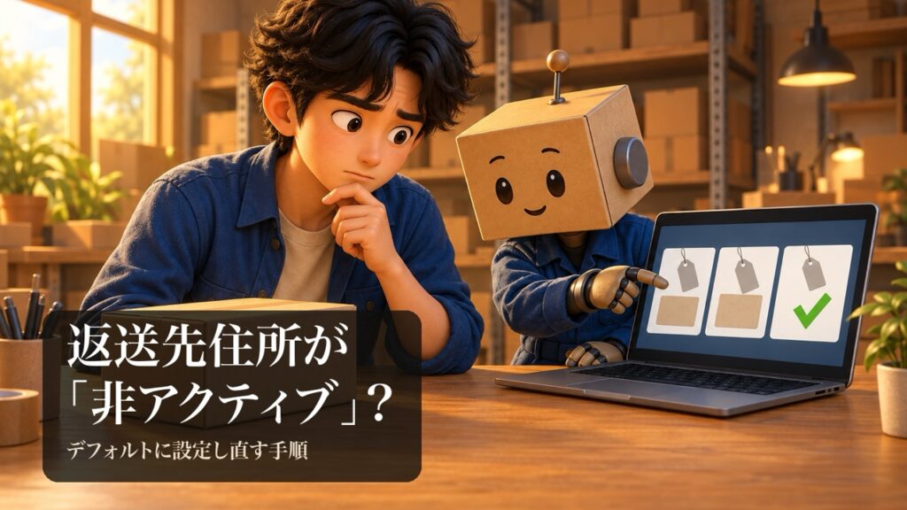 困った顔でノートパソコンを見る男性と、緑のチェックが付いた新しい住所カードを指さす段ボール頭のロボ