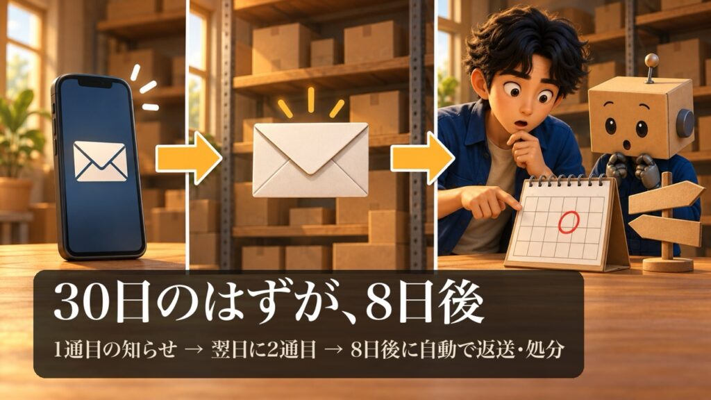 1通目の知らせ、2通目の知らせ、自動で返送・処分される日の3つの場面を矢印でつないだ絵