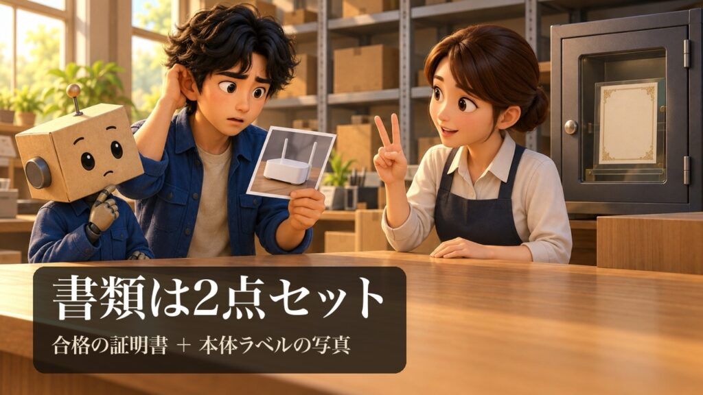 受付で指を2本立てる係の人と、機械の写真1枚だけを持って困る男性。奥の金庫に証明書が見える
