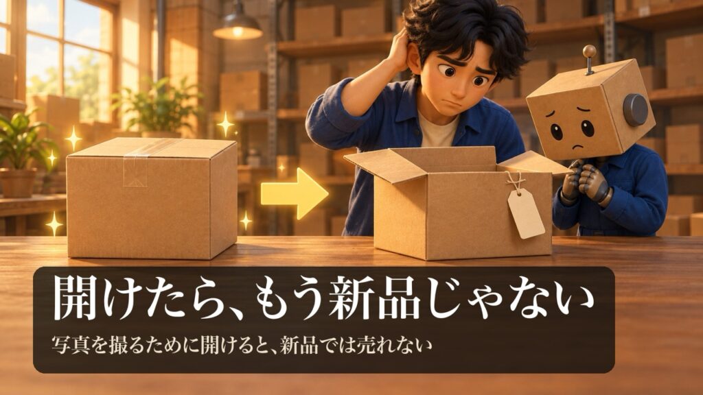封をしたままの新品の箱と、開けて荷札が付いた箱を比べる男性と段ボール頭のロボ