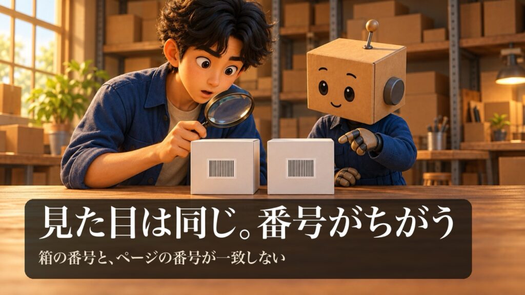 そっくりな2つの白い箱のバーコードを、虫めがねで見比べる男性と段ボール頭のロボ