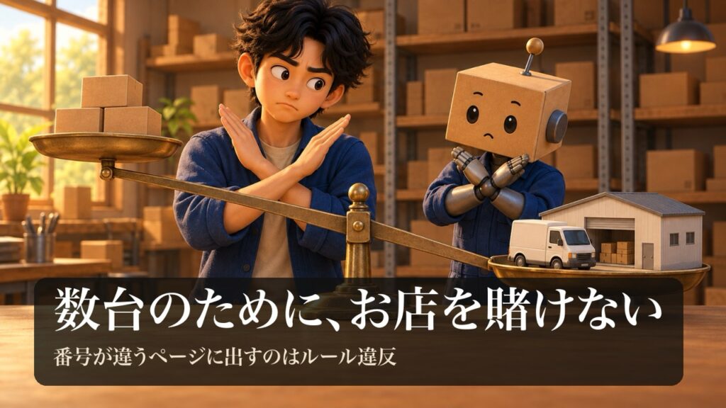 数個の段ボール箱と、配送車とお店をのせた天秤。お店のほうが重く、男性とロボが腕で×を作る