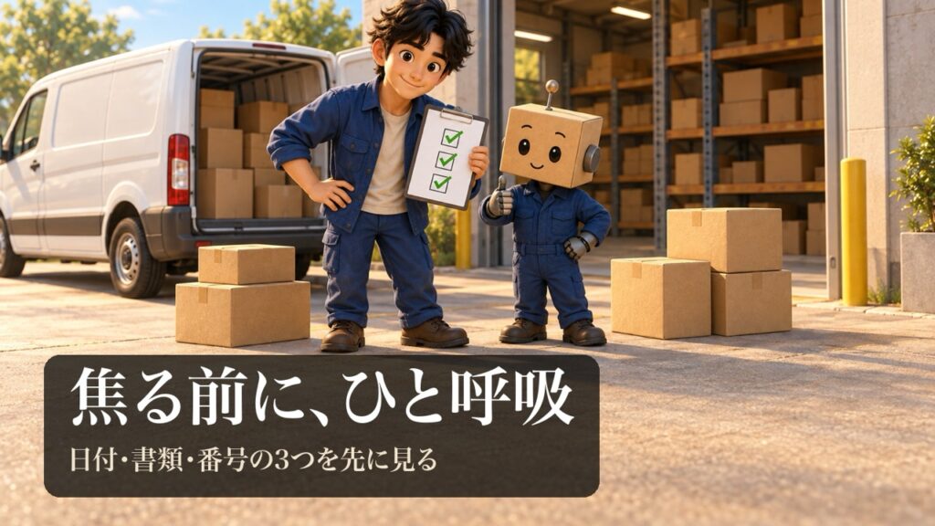 配送車の前でチェックリストを持ってほっとする男性と、親指を立てる段ボール頭のロボ