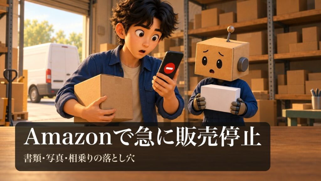 スマホの販売停止の知らせを見て驚く男性と、白い箱を持ってあわてる段ボール頭のロボ