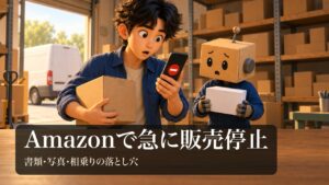 スマホの販売停止の知らせを見て驚く男性と、白い箱を持ってあわてる段ボール頭のロボ