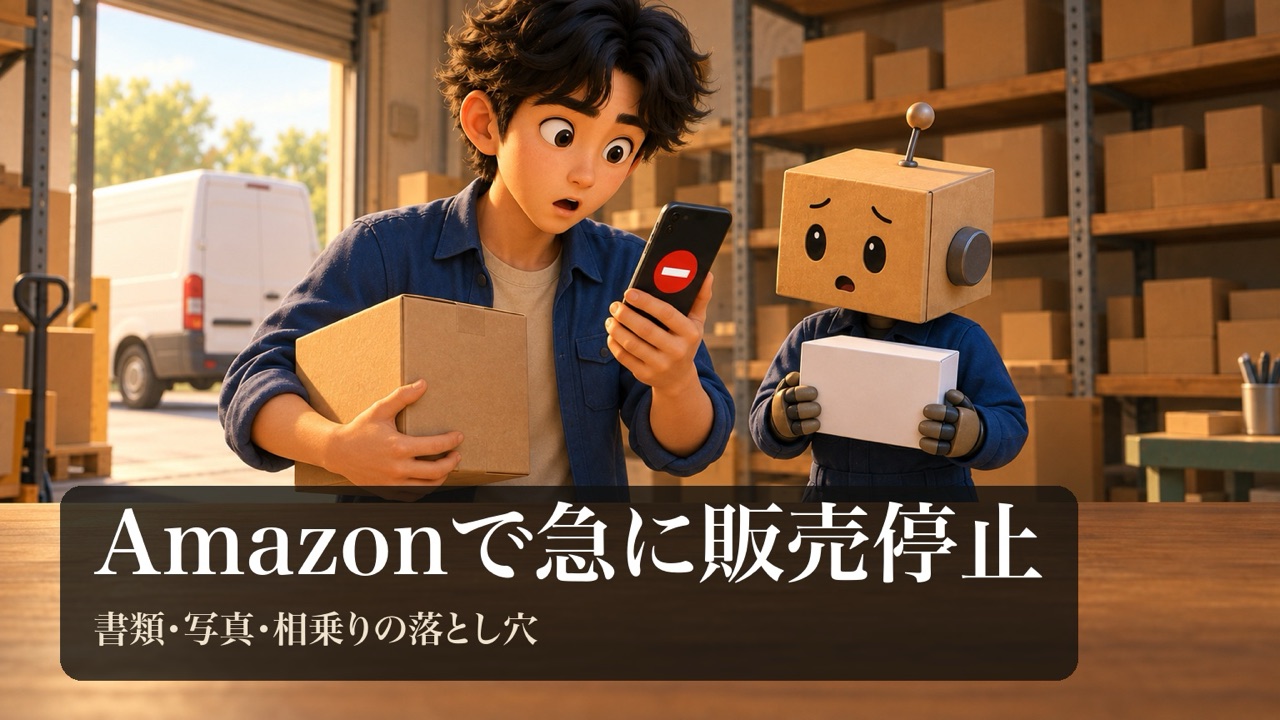 スマホの販売停止の知らせを見て驚く男性と、白い箱を持ってあわてる段ボール頭のロボ