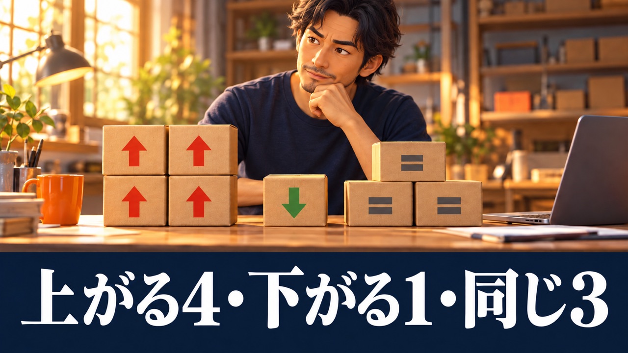 当店の確認結果は上がる4商品、下がる1商品、率が同じ3商品。実物ではない説明図