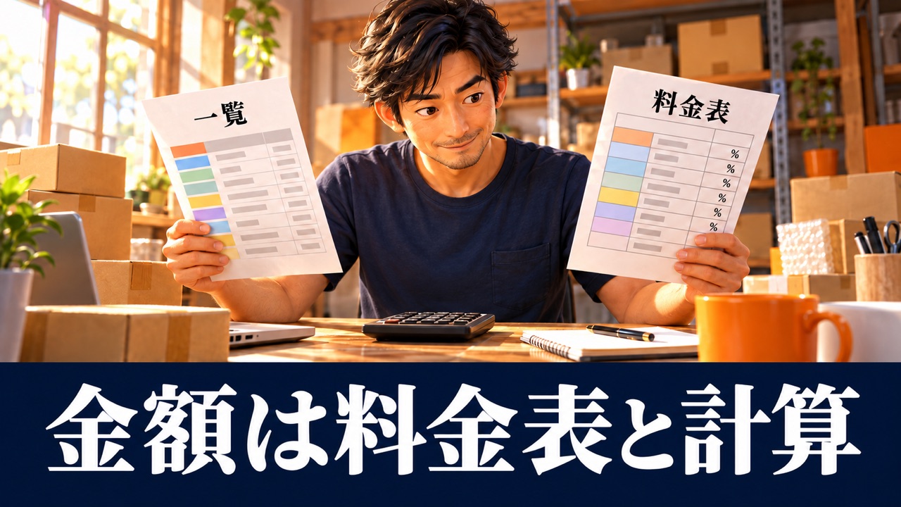一覧の区分と、料金表の率を見比べて金額を計算する説明図